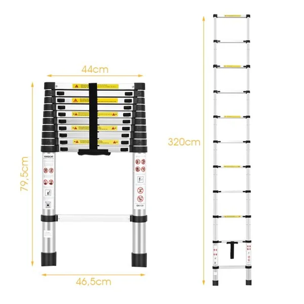 Echelle Télescopique 32m Capacité 150 Kg Intérieur Extérieur Hauteur Pliée 795 Cm Ouverte 320 Cm en Aluminium