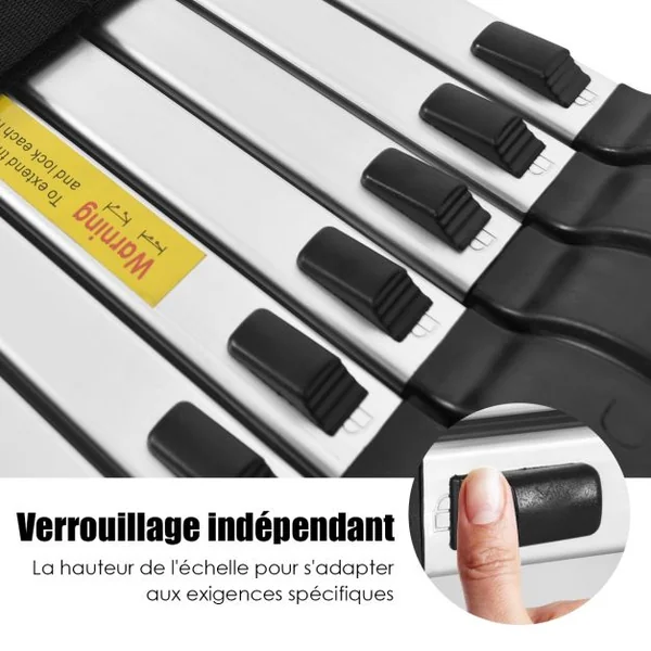 Echelle Télescopique 5 M avec 16 Marches Réglables de 90 à 500 Cm avec Barre Stabilisatrice Capacité 150 Kg en Aluminium