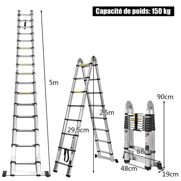 Echelle Télescopique 5 M avec 16 Marches Réglables de 90 à 500 Cm avec Barre Stabilisatrice Capacité 150 Kg en Aluminium