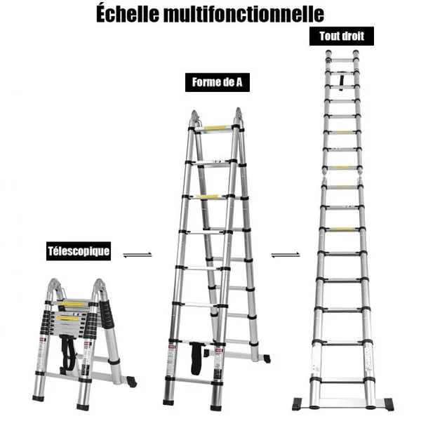 Echelle Télescopique 5 M avec 16 Marches Réglables de 90 à 500 Cm avec Barre Stabilisatrice Capacité 150 Kg en Aluminium