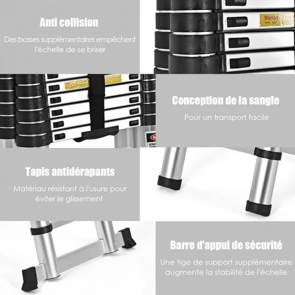 Echelle Télescopique 5 M avec 16 Marches Réglables de 90 à 500 Cm avec Barre Stabilisatrice Capacité 150 Kg en Aluminium
