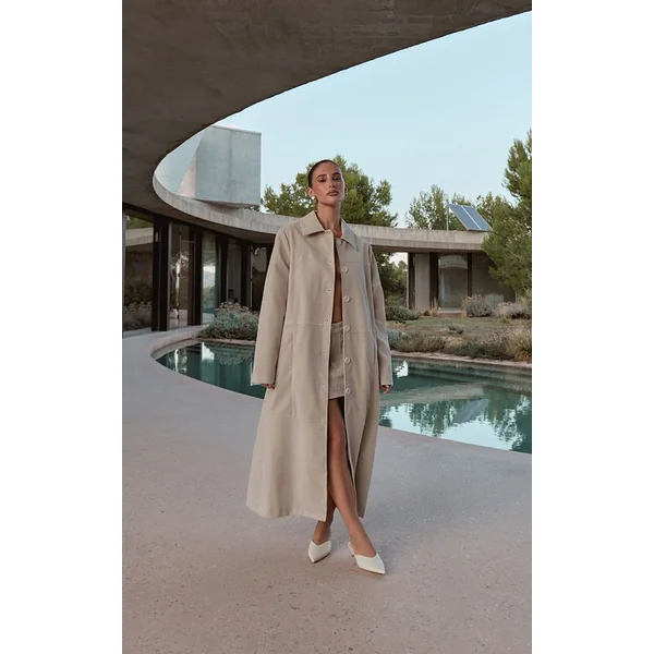 Ecru Manteau Long En Synthétique À Boutons