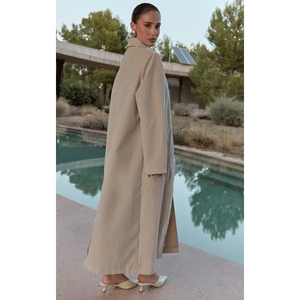 Ecru Manteau Long En Synthétique À Boutons