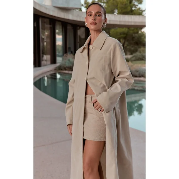 Ecru Manteau Long En Synthétique À Boutons