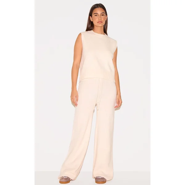 Ecru Pantalon Large En Maille Douce Chiné