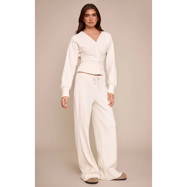 Ecru Pantalon Large Taille Basse Côtelé Doux Ensemble Coordonné