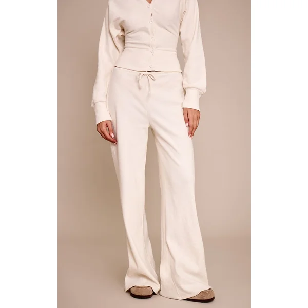 Ecru Pantalon Large Taille Basse Côtelé Doux Ensemble Coordonné