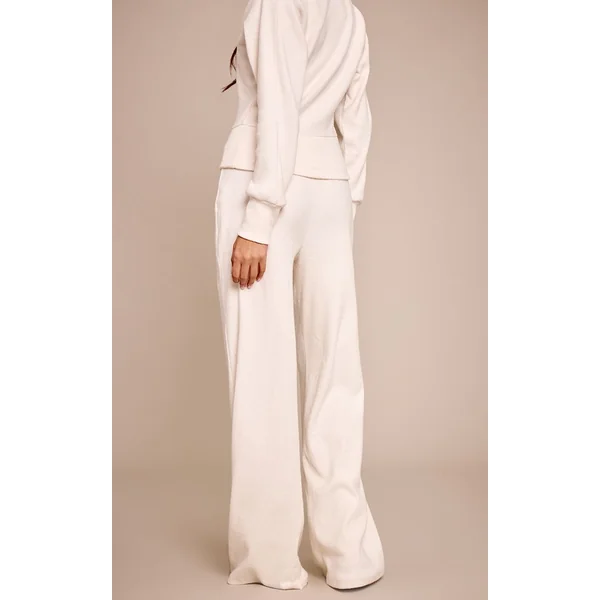 Ecru Pantalon Large Taille Basse Côtelé Doux Ensemble Coordonné