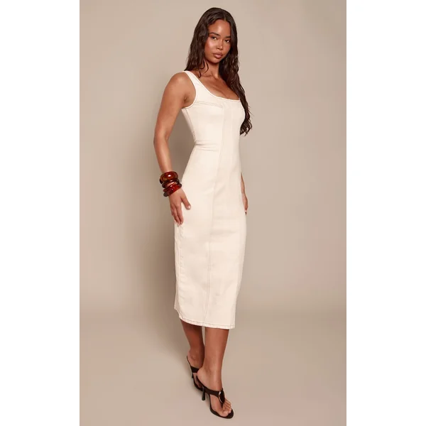 Ecru Robe Maxi En Denim Ajustée Avec Détails De Coutures