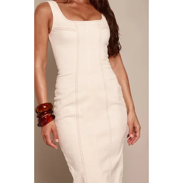 Ecru Robe Maxi En Denim Ajustée Avec Détails De Coutures