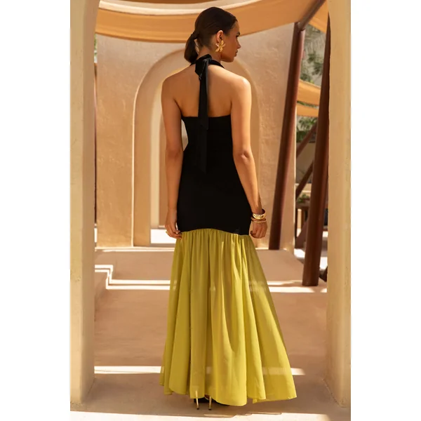 Edda | Robe Longue Noir et Olive à Décolleté Plongeant et Dos Nu