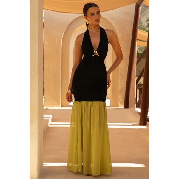 Edda | Robe Longue Noir et Olive à Décolleté Plongeant et Dos Nu