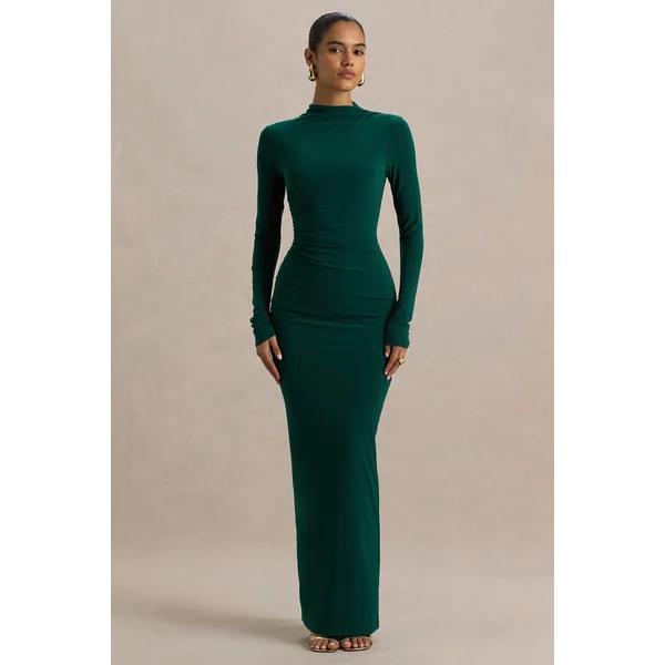 Eden | Robe longue à col montant vert profond avec détails froncés