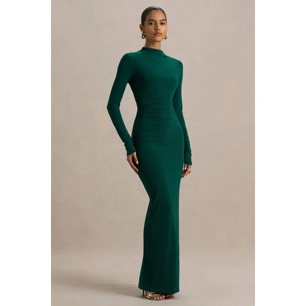 Eden | Robe longue à col montant vert profond avec détails froncés