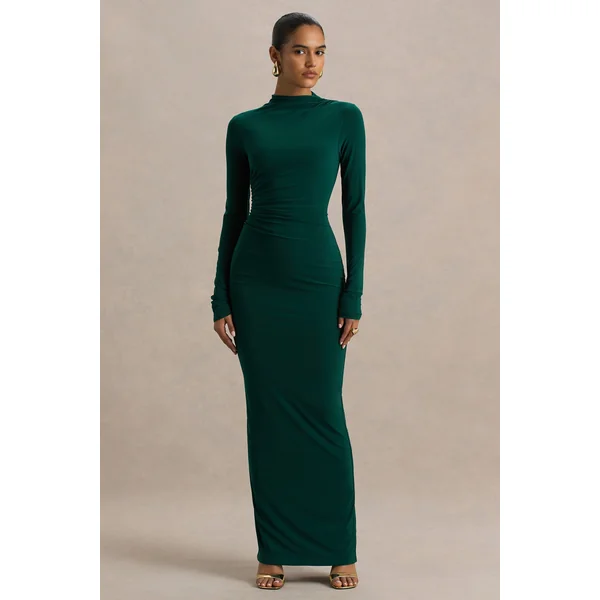 Eden | Robe longue à col montant vert profond avec détails froncés
