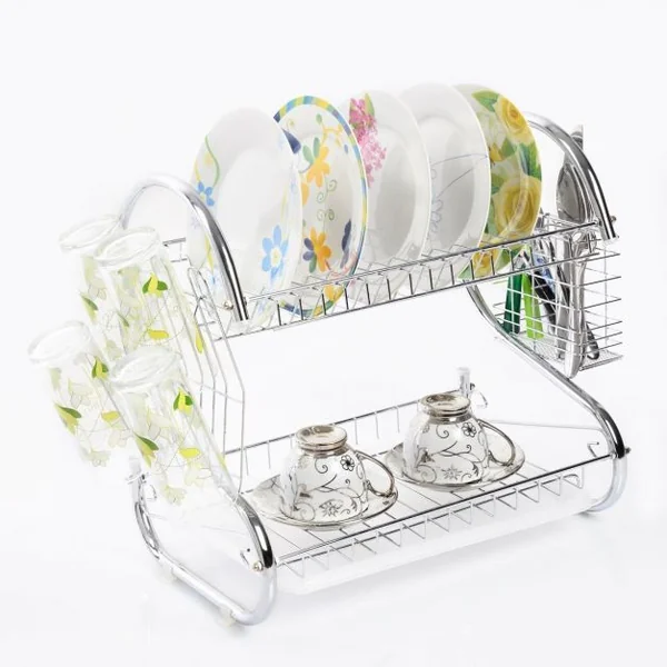 Egouttoir à Vaisselle en Acier Inoxydable Double Niveau pour Tasses Verres et Couverts, 40.5x25x37.5 cm, Argent