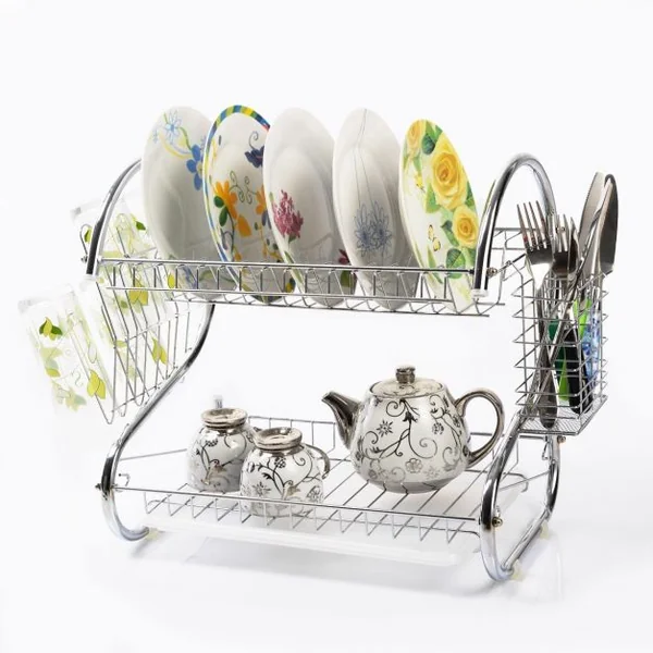 Egouttoir à Vaisselle en Acier Inoxydable Double Niveau pour Tasses Verres et Couverts, 40.5x25x37.5 cm, Argent
