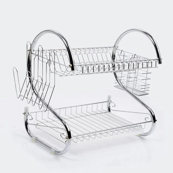 Egouttoir à Vaisselle en Acier Inoxydable Double Niveau pour Tasses Verres et Couverts, 40.5x25x37.5 cm, Argent