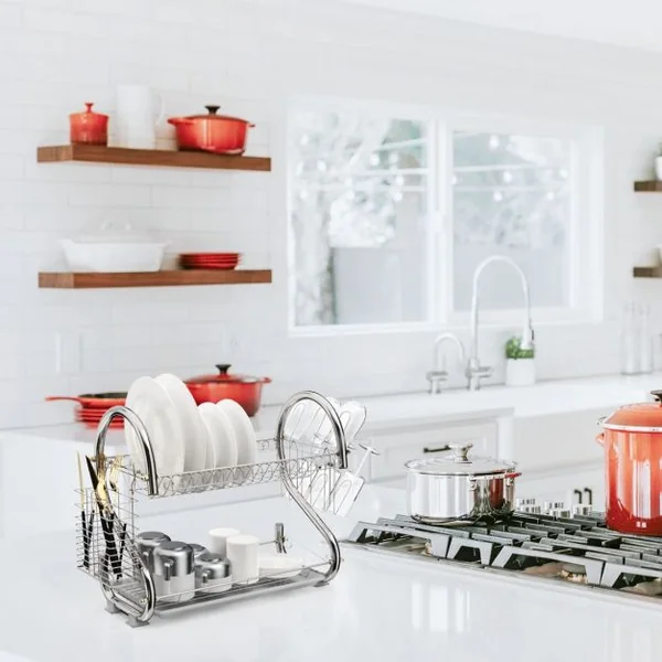 Egouttoir à Vaisselle à 2 Niveaux Inclus de Porte-baguettes Porte-verres 44,5 x 25,5 x 39,5cm