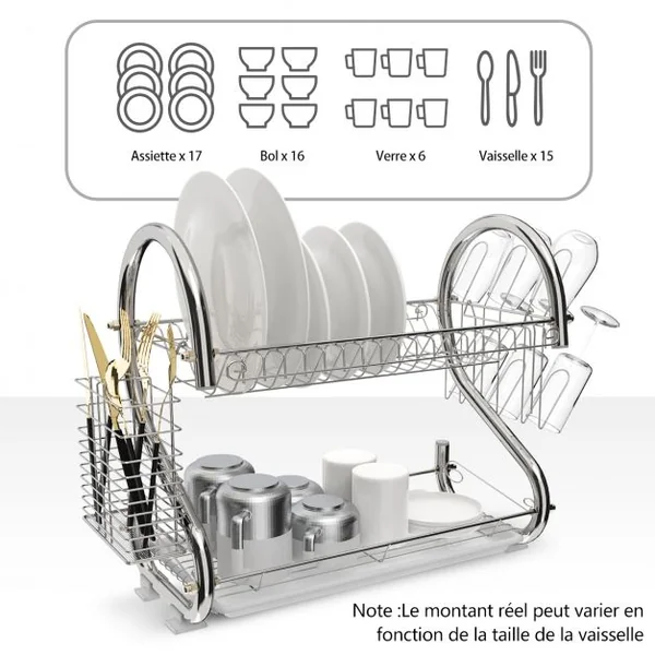 Egouttoir à Vaisselle à 2 Niveaux Inclus de Porte-baguettes Porte-verres 44,5 x 25,5 x 39,5cm