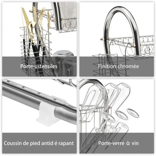 Egouttoir à Vaisselle à 2 Niveaux Inclus de Porte-baguettes Porte-verres 44,5 x 25,5 x 39,5cm