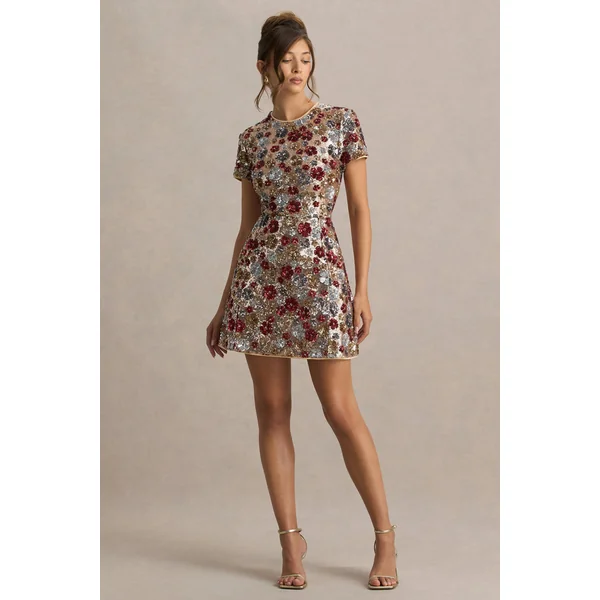 Eira | Mini-robe rouge à fleurs ornée de sequins et à col rond