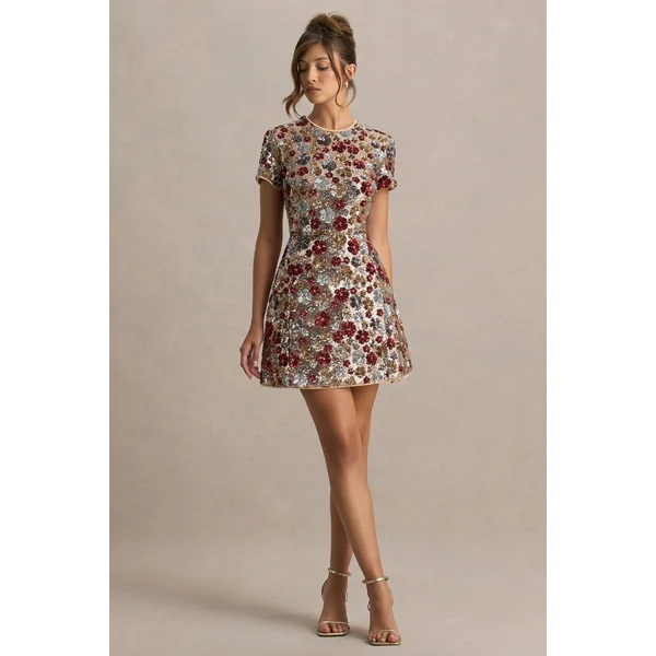 Eira | Mini-robe rouge à fleurs ornée de sequins et à col rond
