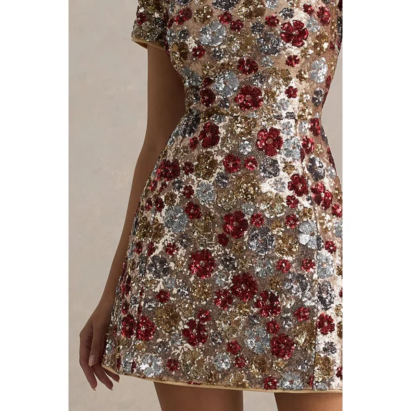 Eira | Mini-robe rouge à fleurs ornée de sequins et à col rond