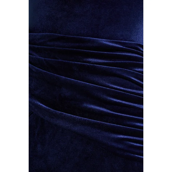 Eirene | Robe mi-longue en velours bleu à encolure asymétrique