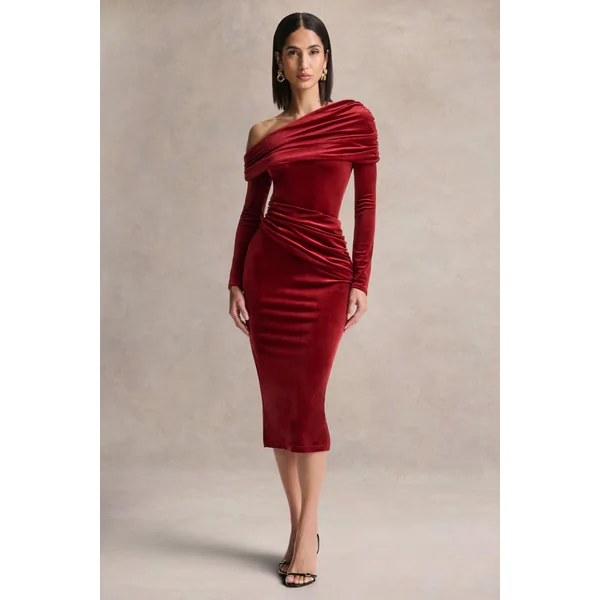 Eirene | Robe mi-longue en velours bordeaux à encolure asymétrique
