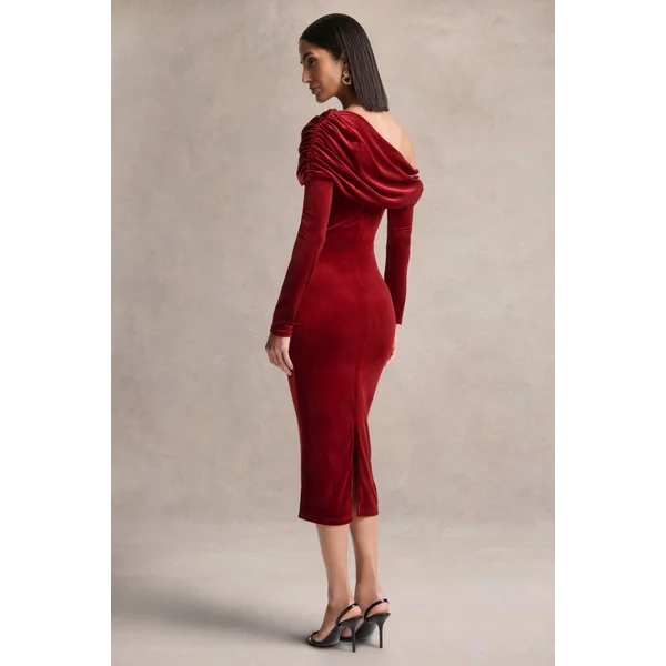 Eirene | Robe mi-longue en velours bordeaux à encolure asymétrique