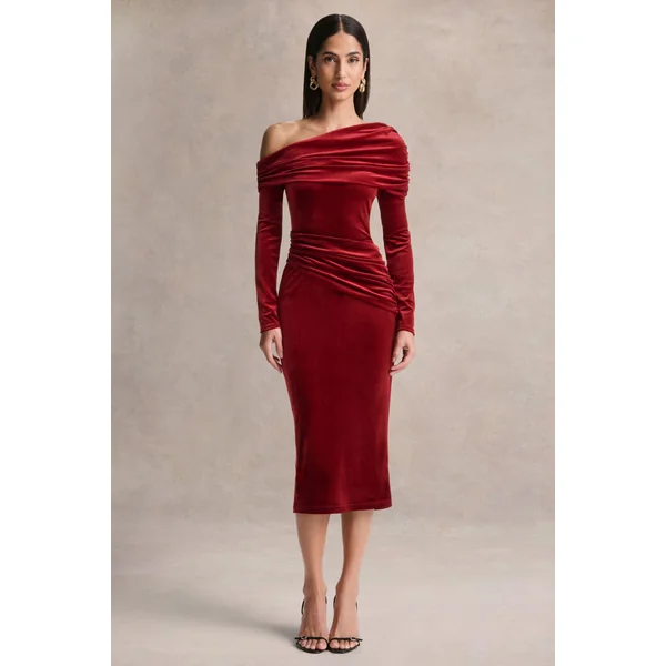 Eirene | Robe mi-longue en velours bordeaux à encolure asymétrique
