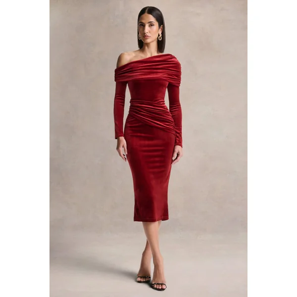 Eirene | Robe mi-longue en velours bordeaux à encolure asymétrique