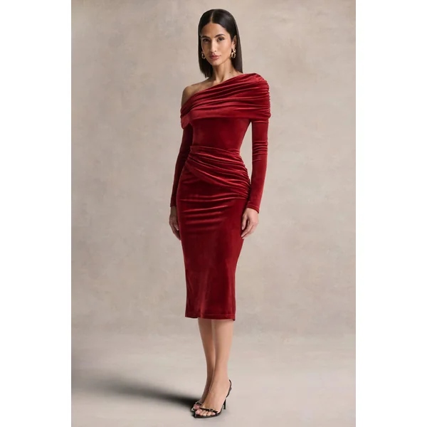 Eirene | Robe mi-longue en velours bordeaux à encolure asymétrique