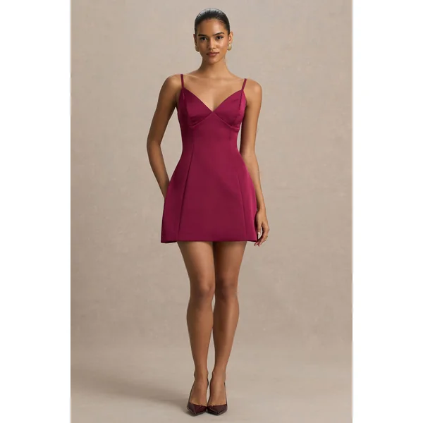 Elara | Mini-robe bordeaux en satin à décolleté plongeant