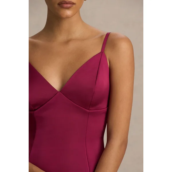 Elara | Mini-robe bordeaux en satin à décolleté plongeant
