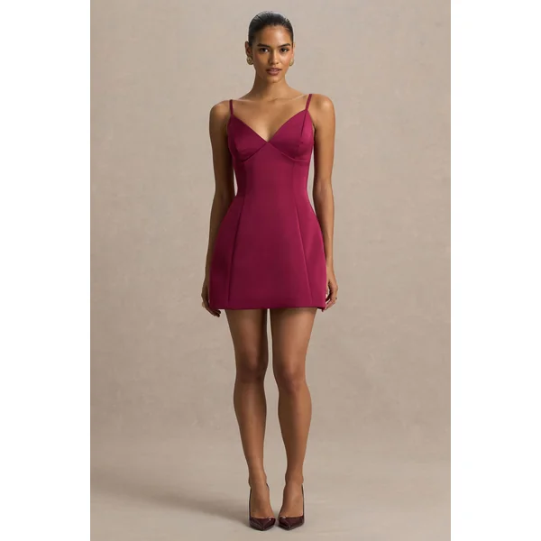 Elara | Mini-robe bordeaux en satin à décolleté plongeant