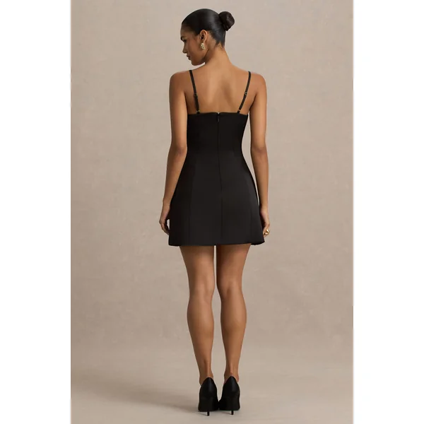 Elara | Mini-robe en satin noir à décolleté plongeant