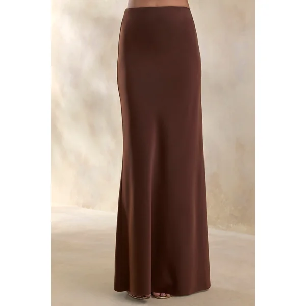 Elaria | Jupe longue marron en satin