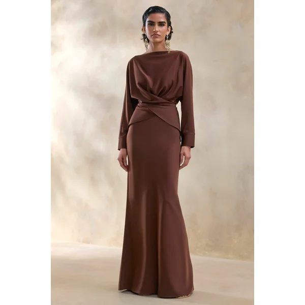 Elaria | Jupe longue marron en satin
