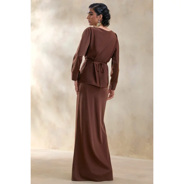 Elaria | Jupe longue marron en satin