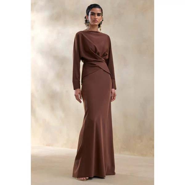 Elaria | Jupe longue marron en satin