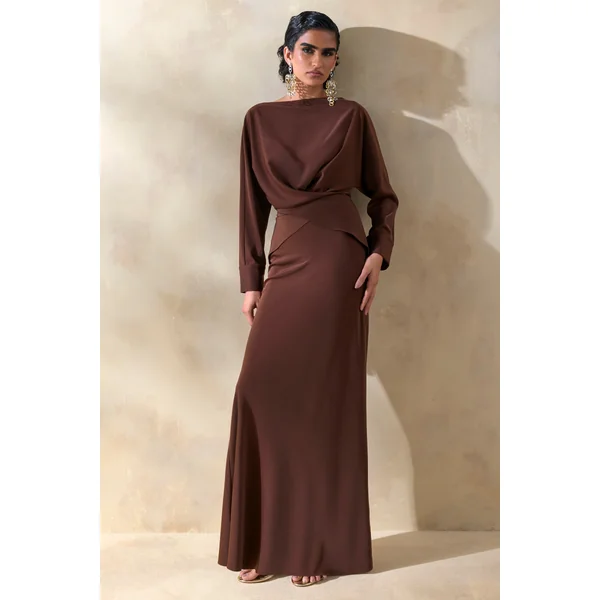 Elaria | Jupe longue marron en satin