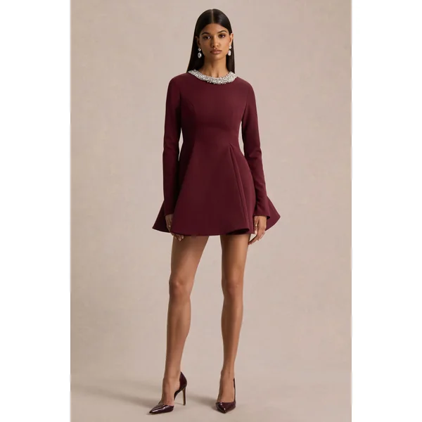 Eletta | Mini-robe bordeaux à encolure ronde ornée