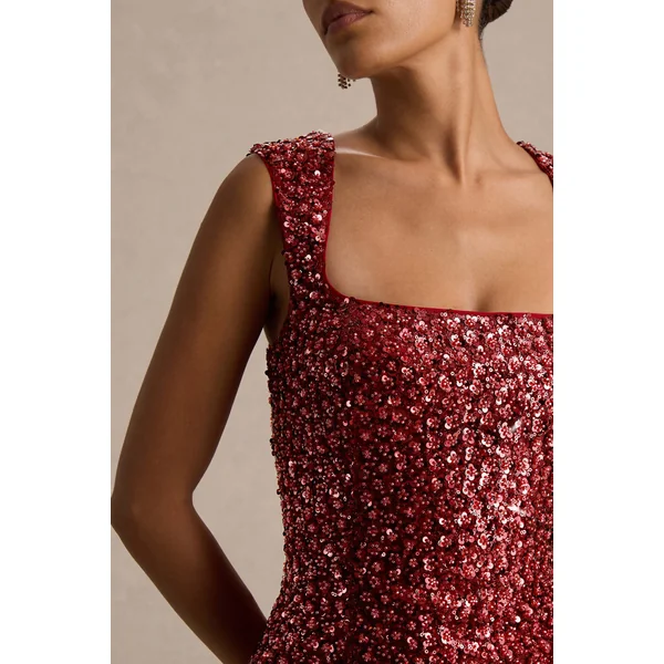 Elettra | Mini-robe bordeaux à sequins et encolure carrée