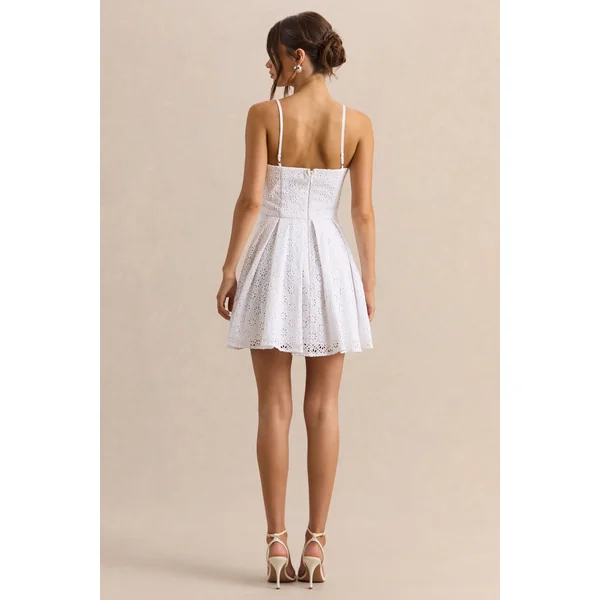 Elina | Mini-robe blanche à encolure carrée avec détail nœud