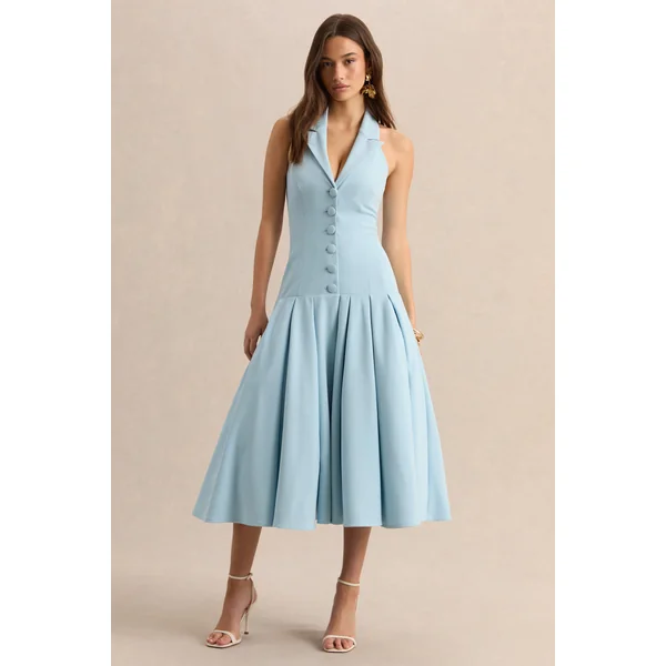 Elise | Robe mi-longue bleu poudre à décolleté plongeant avec taille basse