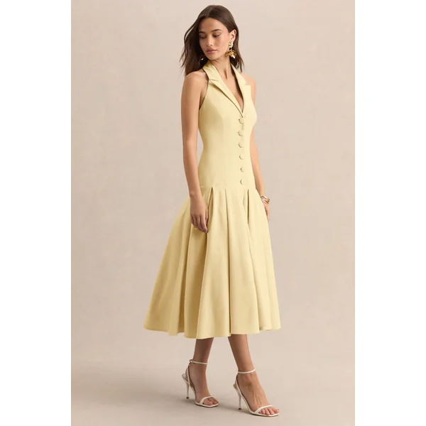 Elise | Robe mi-longue citron à décolleté plongeant avec taille basse