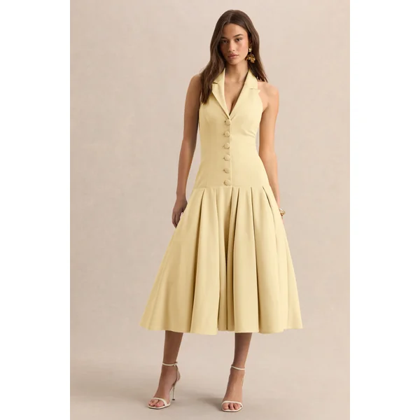 Elise | Robe mi-longue citron à décolleté plongeant avec taille basse