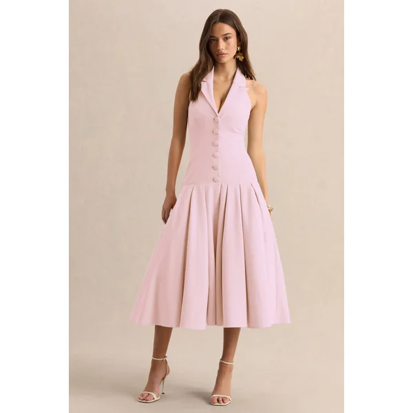 Elise | Robe mi-longue rose clair à décolleté plongeant avec taille basse
